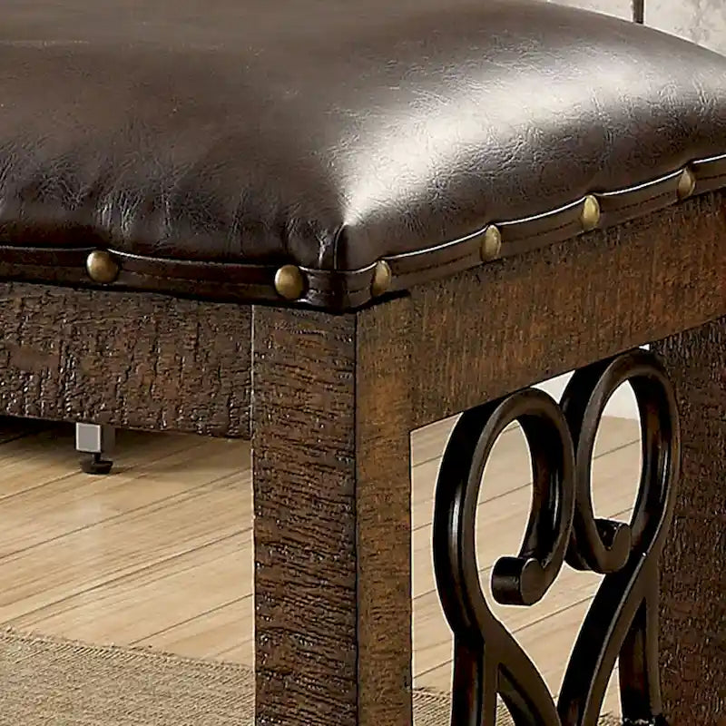 Banc de salle à manger traditionnel en similicuir Noyer rustique Espresso Métal volute