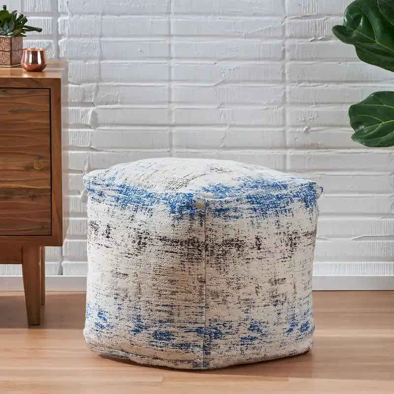 Pouf ottoman carré en chenille de coton bohème tissé à la main, tissu multicolore