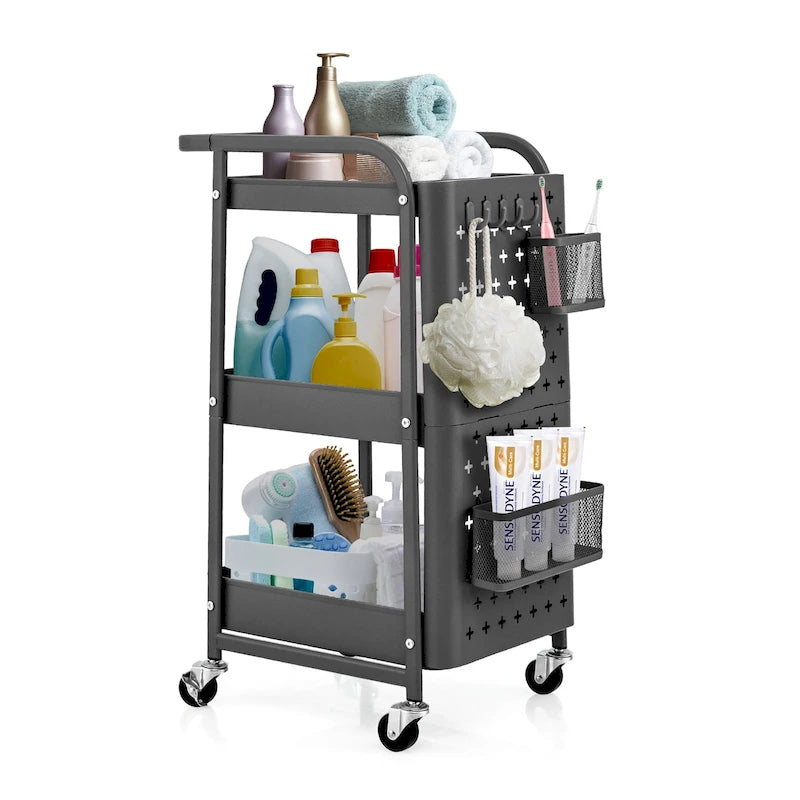 Chariot de rangement roulant à 3 étagères avec panneau perforé et roues gris/blanc