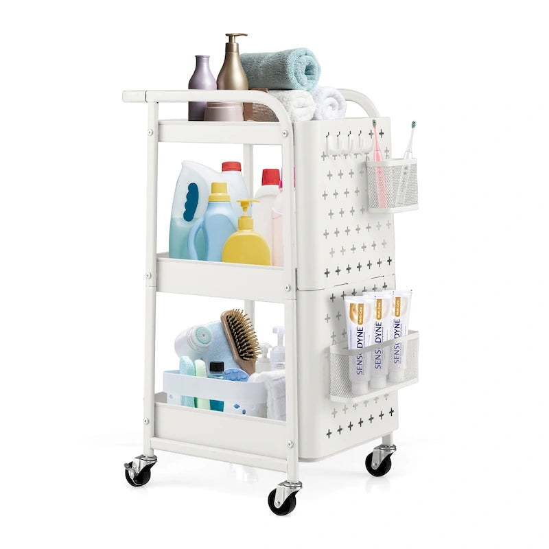 Chariot de rangement roulant à 3 étagères avec panneau perforé et roues gris/blanc