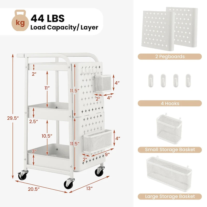 Chariot de rangement roulant à 3 étagères avec panneau perforé et roues gris/blanc