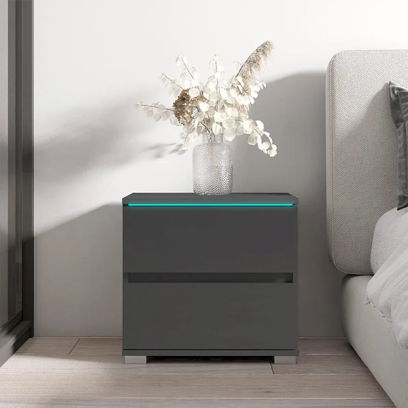 Table de chevet moderne à LED avec 2 tiroirs, table d'appoint de chambre noire laquée