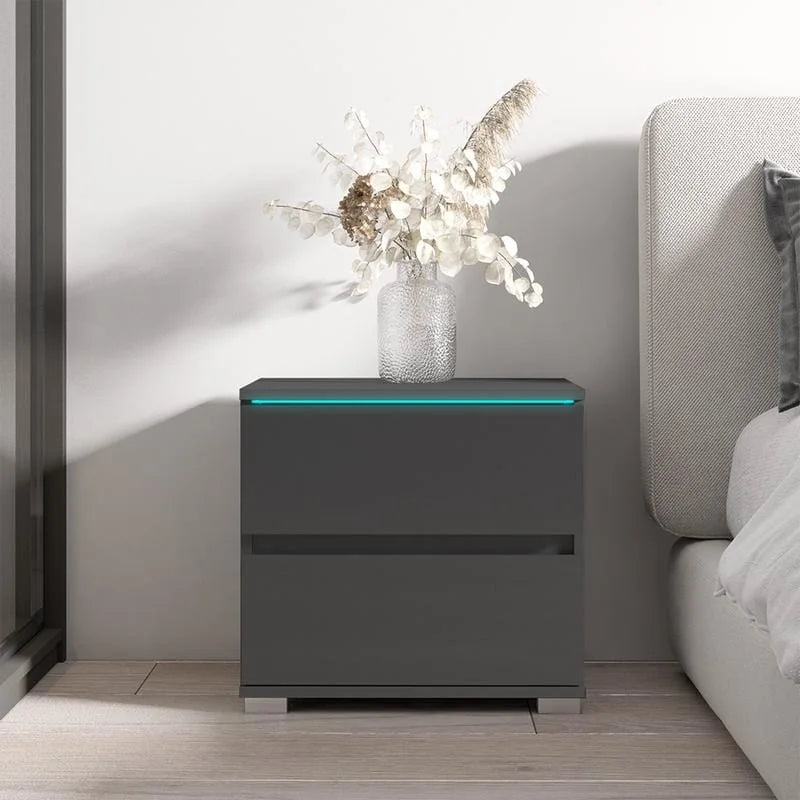 Table de chevet moderne à LED avec 2 tiroirs, table d'appoint de chambre noire laquée