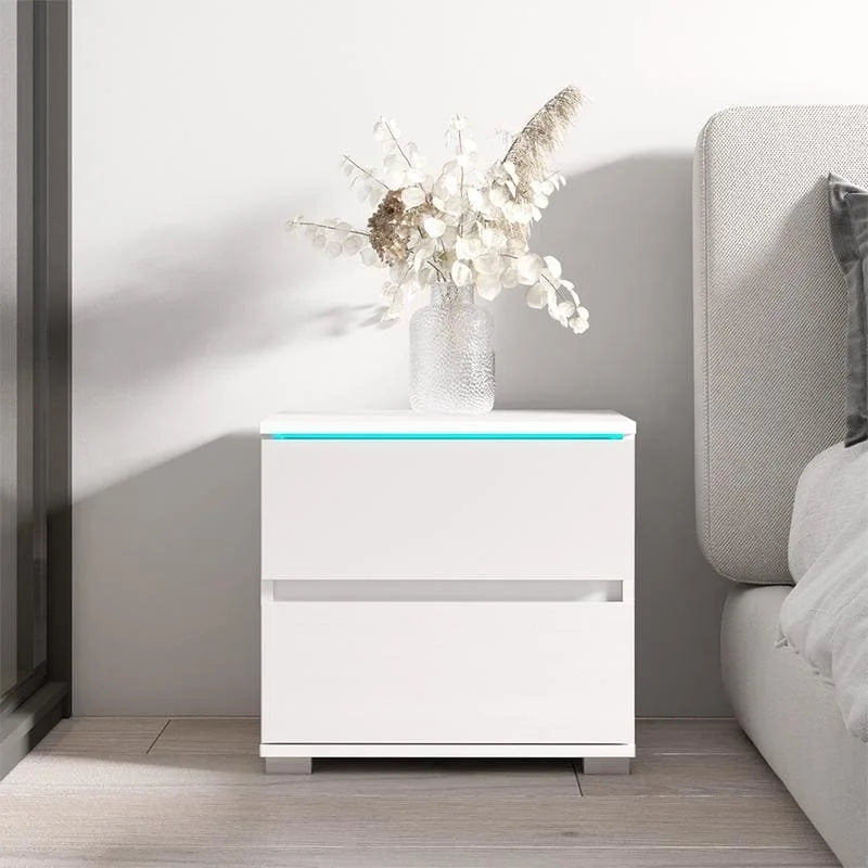 Table de chevet moderne à LED avec 2 tiroirs, table d'appoint de chambre noire laquée