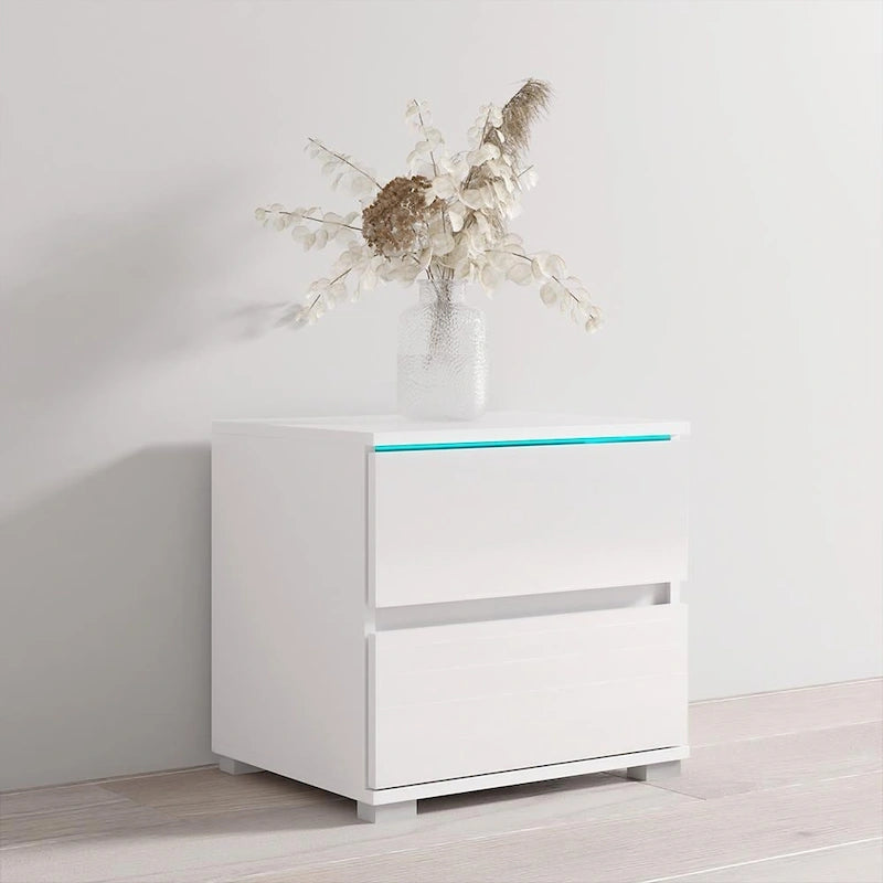 Table de chevet moderne à LED avec 2 tiroirs, table d'appoint de chambre noire laquée