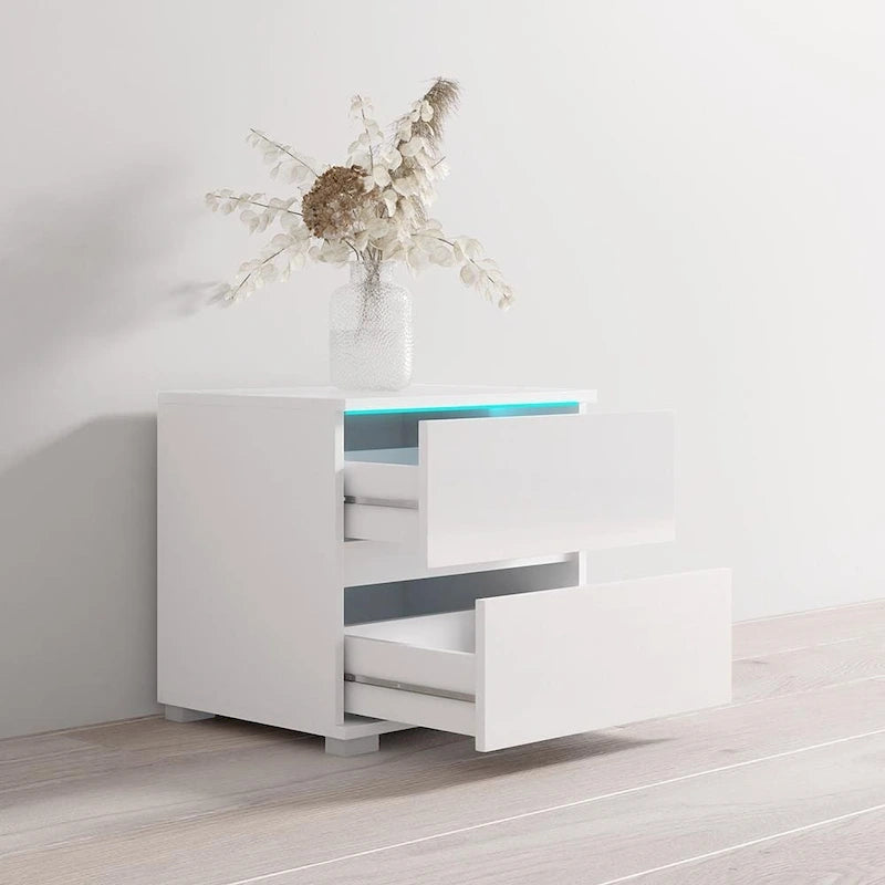 Table de chevet moderne à LED avec 2 tiroirs, table d'appoint de chambre noire laquée