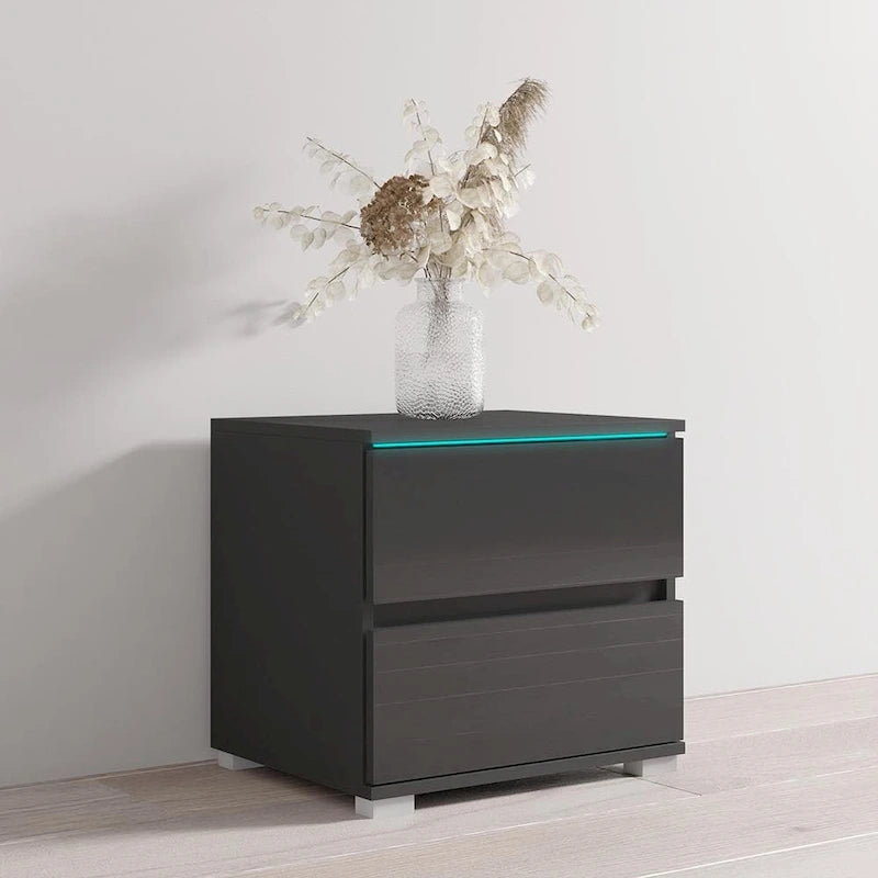 Table de chevet moderne à LED avec 2 tiroirs, table d'appoint de chambre noire laquée