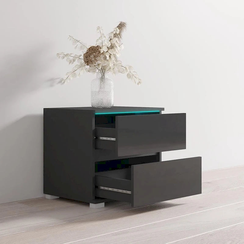 Table de chevet moderne à LED avec 2 tiroirs, table d'appoint de chambre noire laquée