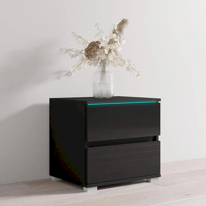 Table de chevet moderne à LED avec 2 tiroirs, table d'appoint de chambre noire laquée