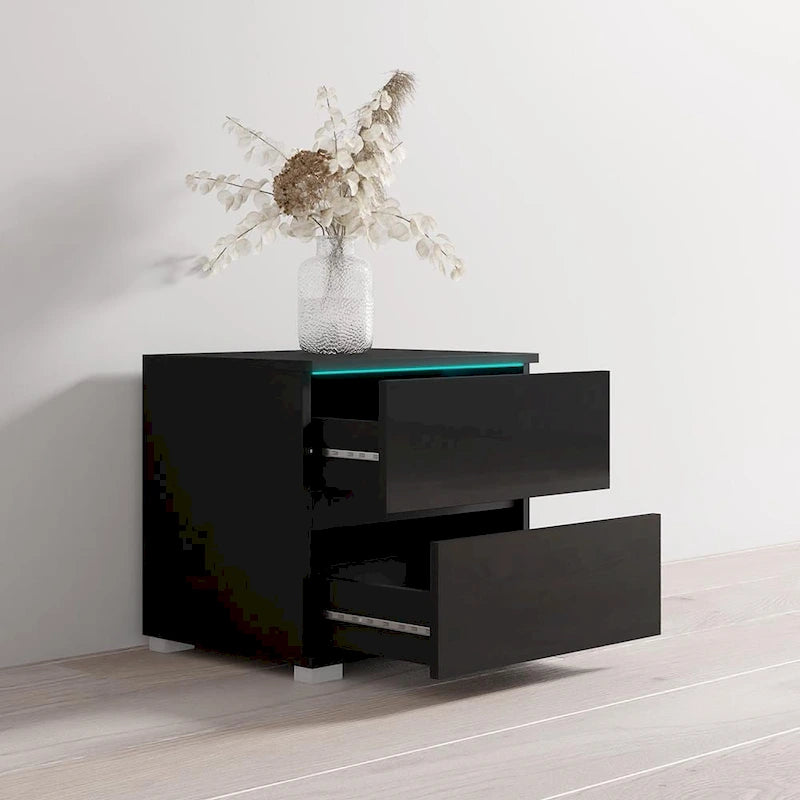 Table de chevet moderne à LED avec 2 tiroirs, table d'appoint de chambre noire laquée