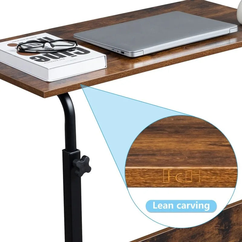 Table d'appoint roulante réglable en hauteur marron rétro avec étagère