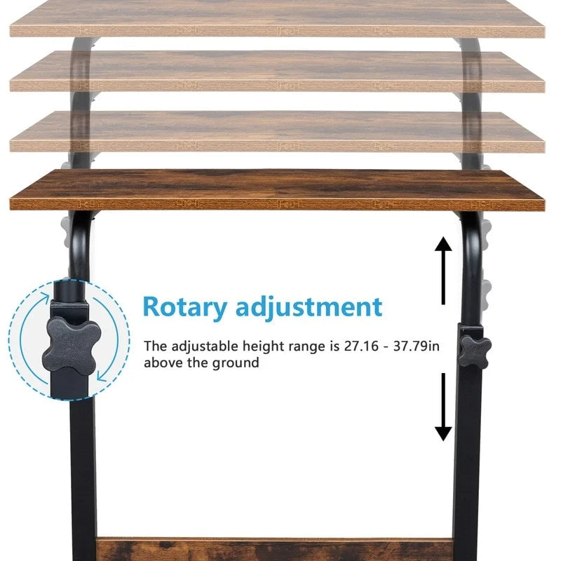 Table d'appoint roulante réglable en hauteur marron rétro avec étagère