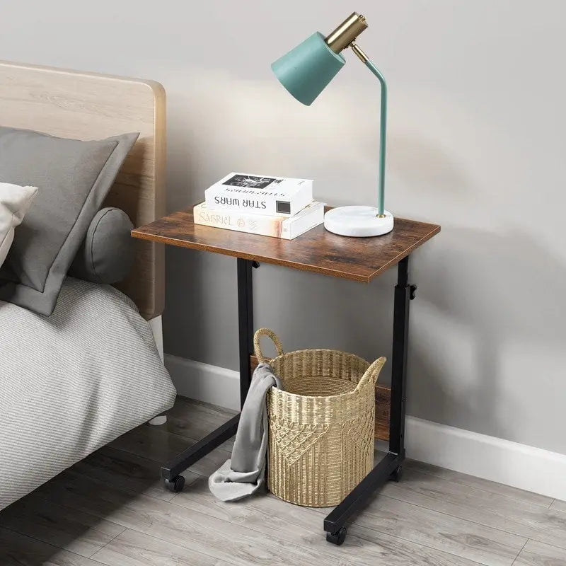 Table d'appoint roulante réglable en hauteur marron rétro avec étagère