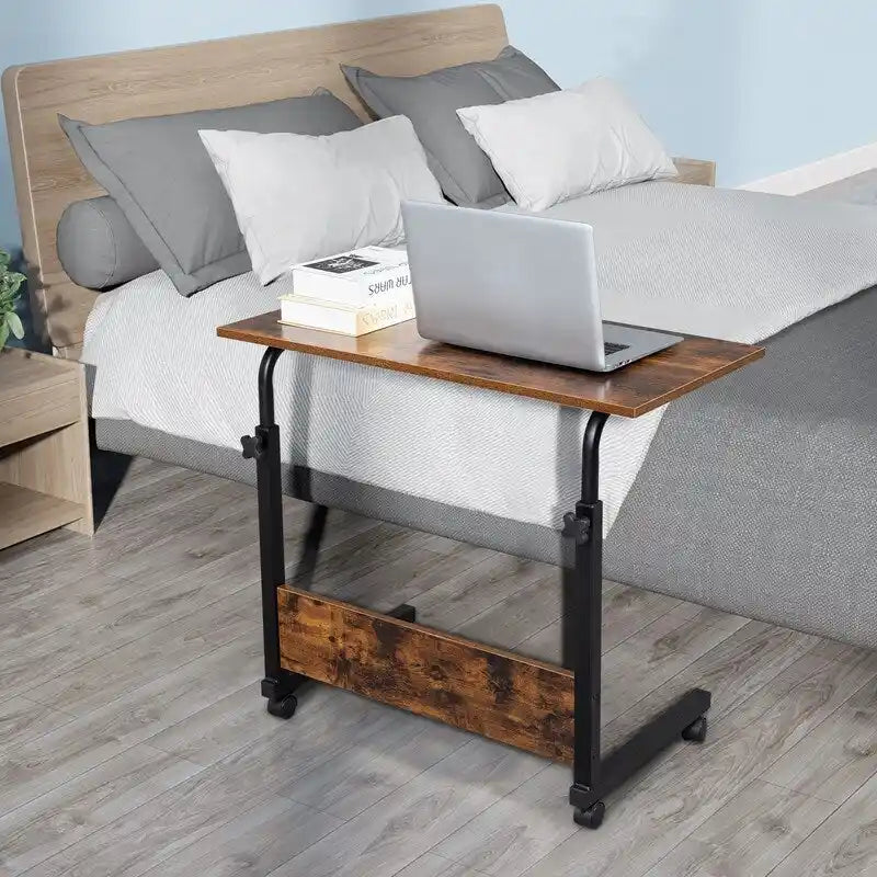 Table d'appoint roulante réglable en hauteur marron rétro avec étagère