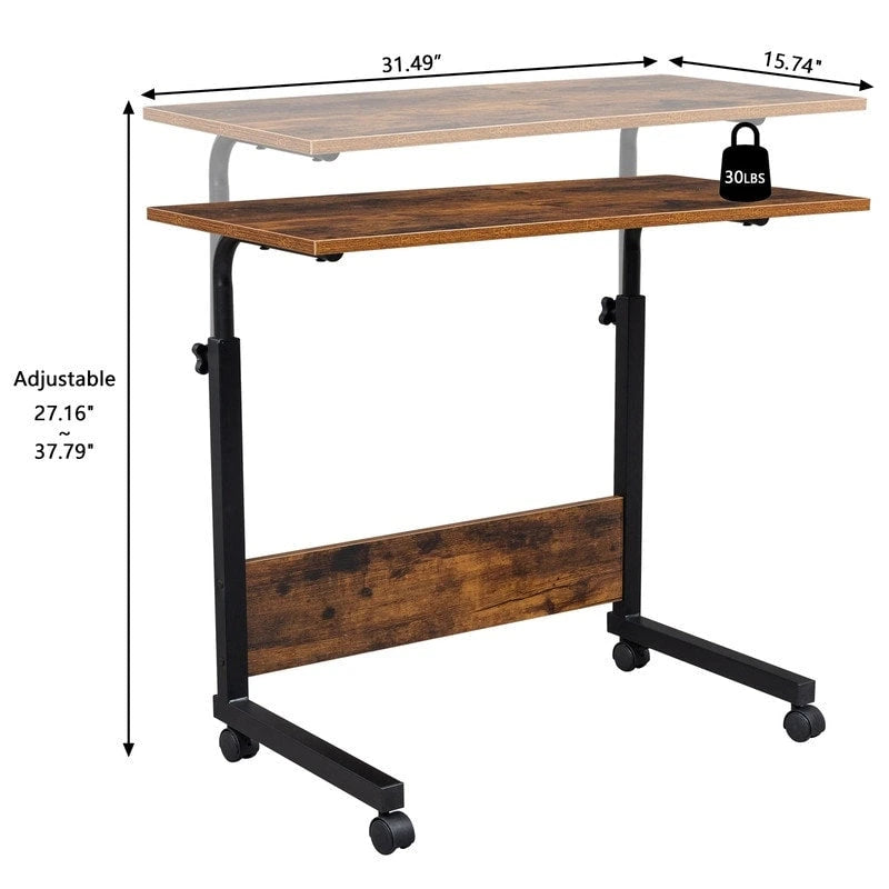 Table d'appoint roulante réglable en hauteur marron rétro avec étagère
