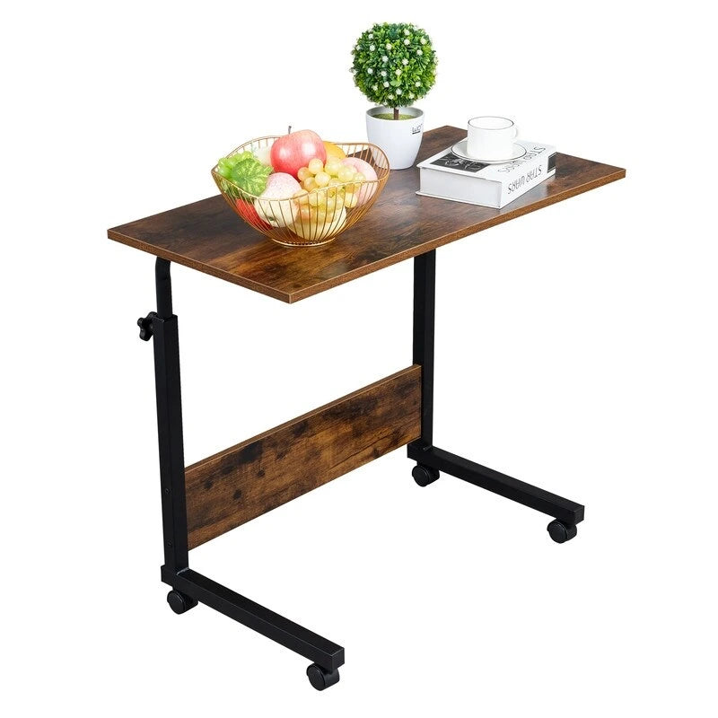 Table d'appoint roulante réglable en hauteur marron rétro avec étagère