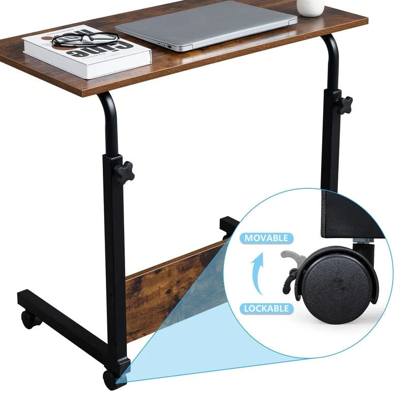 Table d'appoint roulante réglable en hauteur marron rétro avec étagère