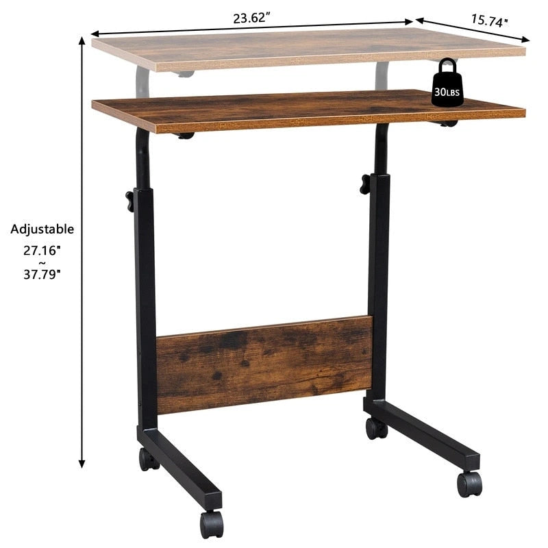 Table d'appoint roulante réglable en hauteur marron rétro avec étagère