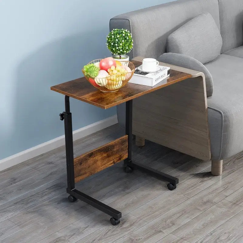 Table d'appoint roulante réglable en hauteur marron rétro avec étagère