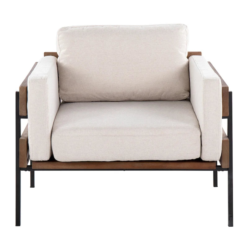 Fauteuil de ferme avec coussin d'assise rembourré, panneau en bois et structure en métal