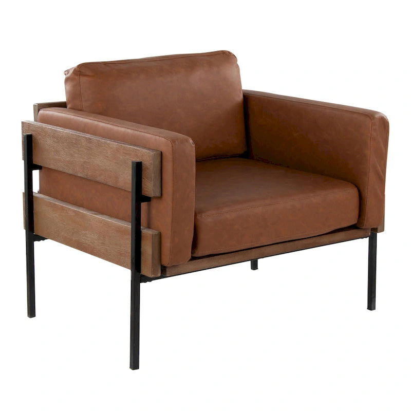Fauteuil de ferme avec coussin d'assise rembourré, panneau en bois et structure en métal