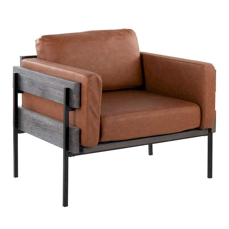 Fauteuil de ferme avec coussin d'assise rembourré, panneau en bois et structure en métal