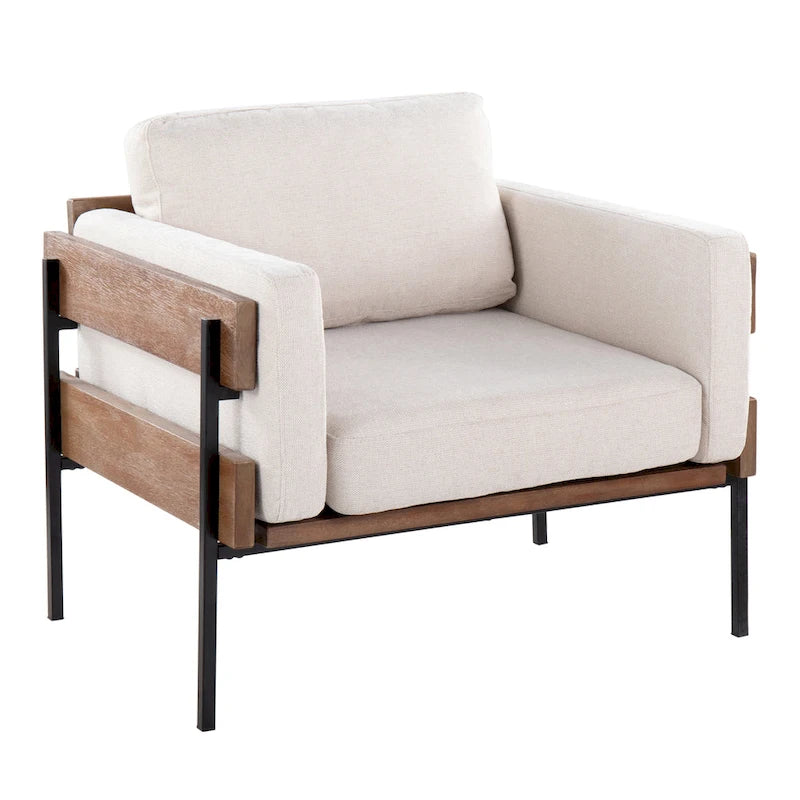 Fauteuil de ferme avec coussin d'assise rembourré, panneau en bois et structure en métal