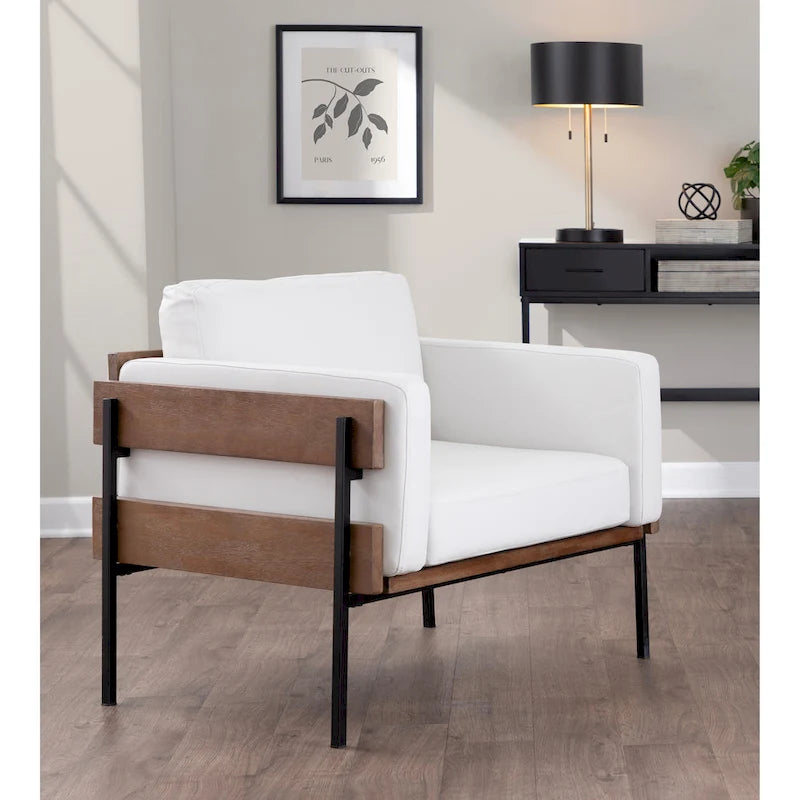 Fauteuil de ferme avec coussin d'assise rembourré, panneau en bois et structure en métal