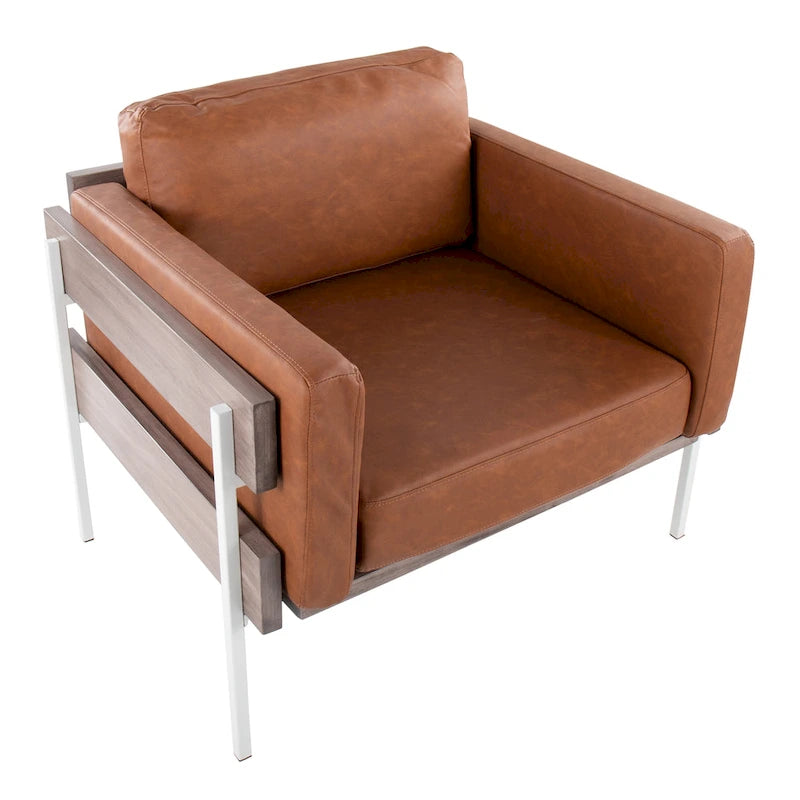 Fauteuil de ferme avec coussin d'assise rembourré, panneau en bois et structure en métal