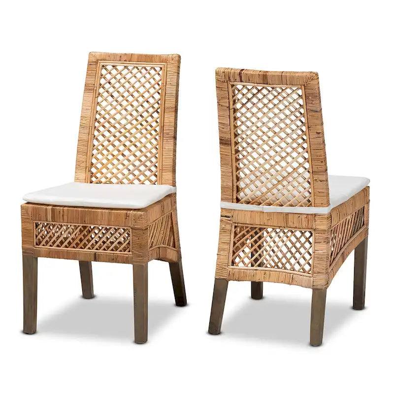 Chaise de salle à manger Bohème en rotin naturel avec coussin blanc et bois d'acajou