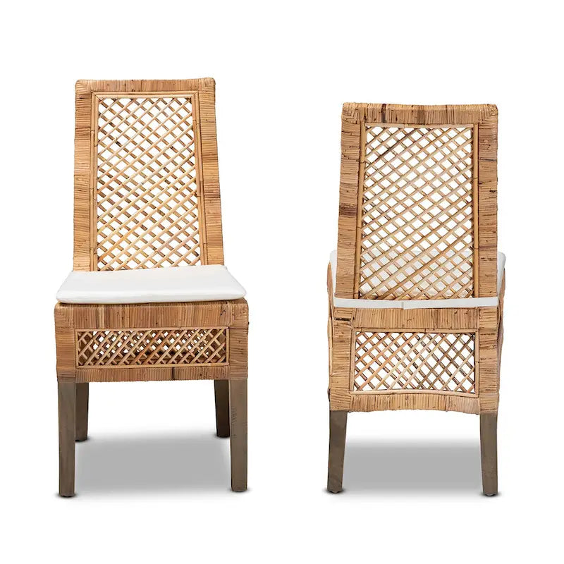 Chaise de salle à manger Bohème en rotin naturel avec coussin blanc et bois d'acajou