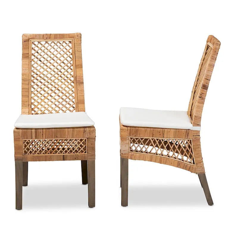 Chaise de salle à manger Bohème en rotin naturel avec coussin blanc et bois d'acajou