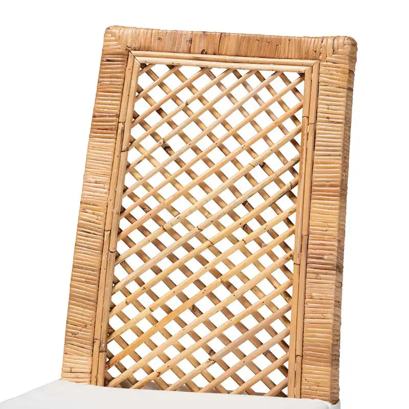 Chaise de salle à manger Bohème en rotin naturel avec coussin blanc et bois d'acajou