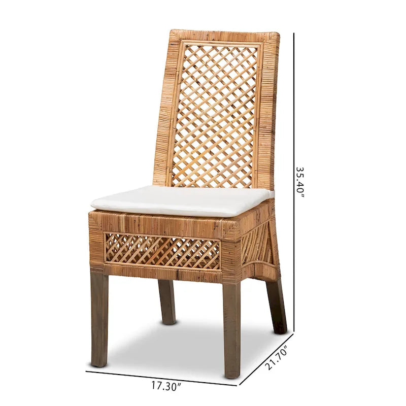 Chaise de salle à manger Bohème en rotin naturel avec coussin blanc et bois d'acajou