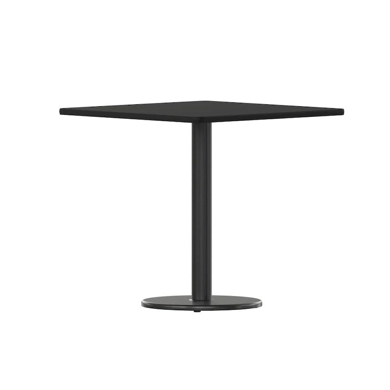 Table de salle à manger carrée avec plateau stratifié et pied central rond, noir
