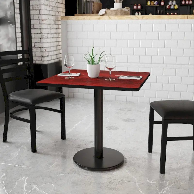 Table de salle à manger carrée avec plateau stratifié et pied central rond, noir
