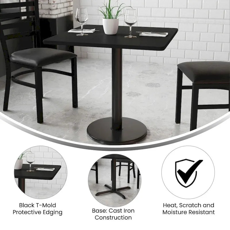 Table de salle à manger carrée avec plateau stratifié et pied central rond, noir