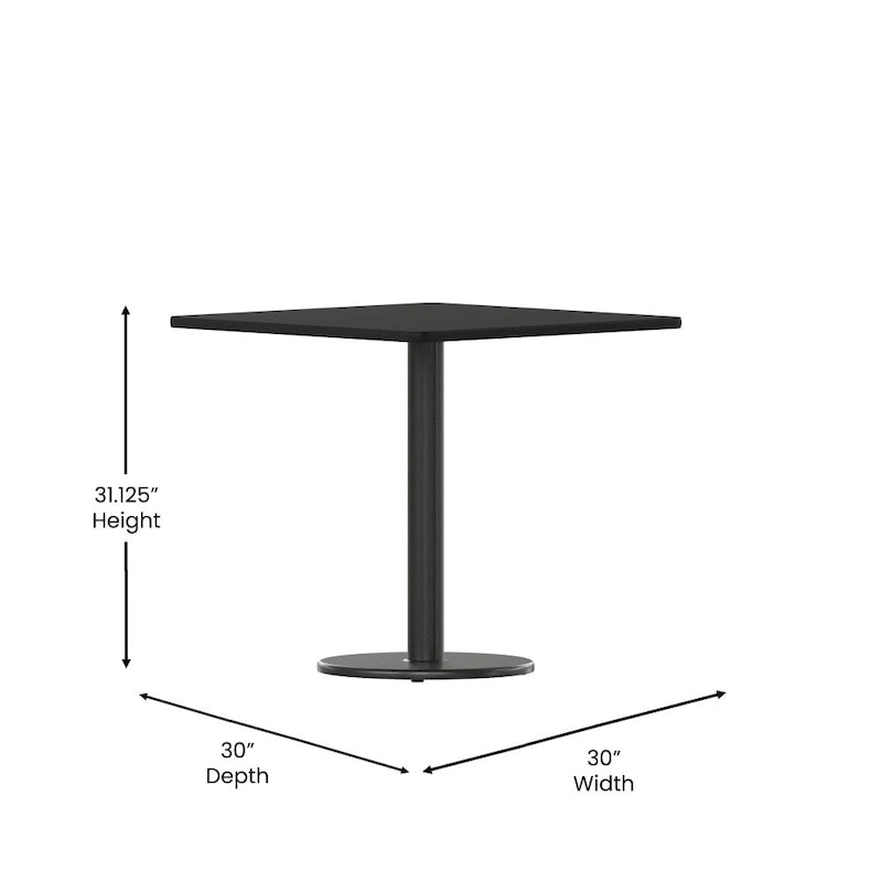 Table de salle à manger carrée avec plateau stratifié et pied central rond, noir