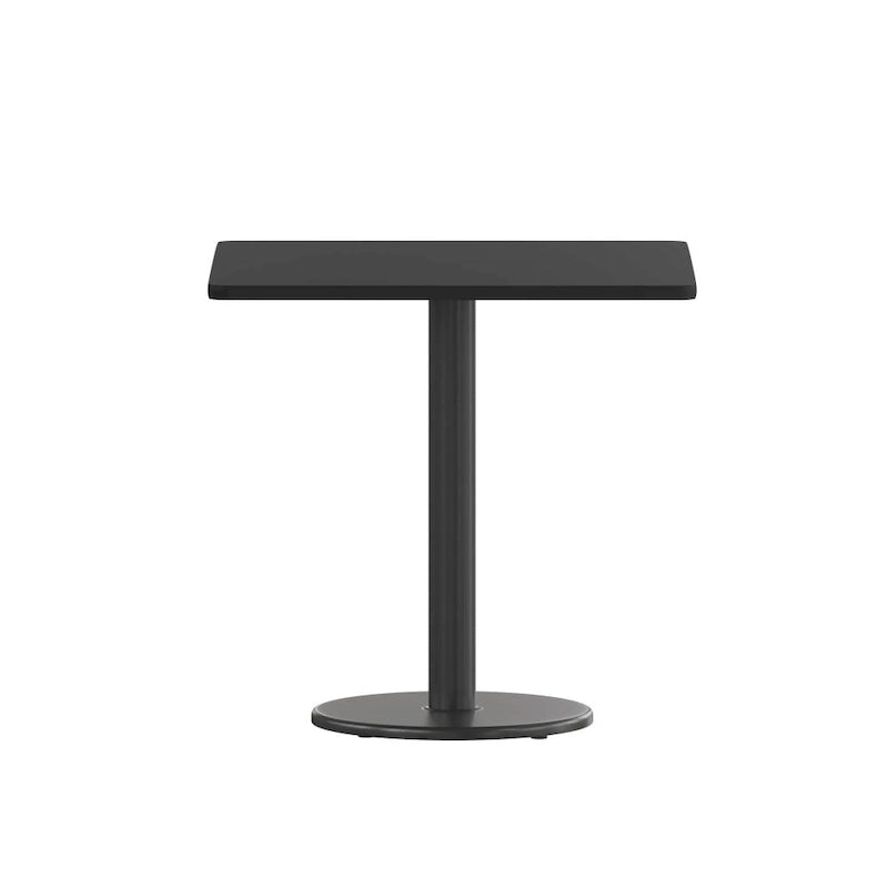 Table de salle à manger carrée avec plateau stratifié et pied central rond, noir