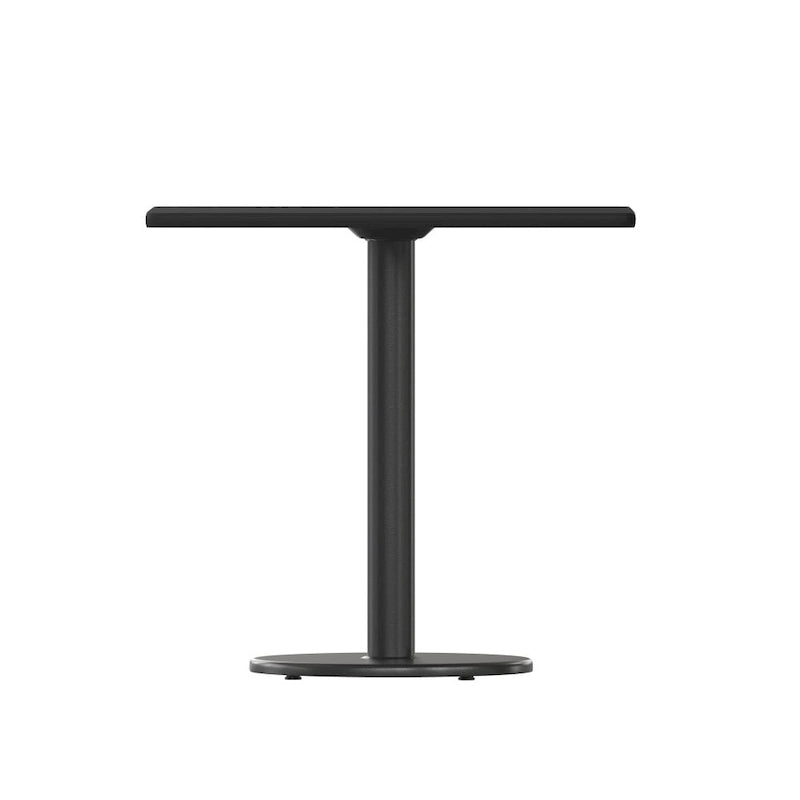 Table de salle à manger carrée avec plateau stratifié et pied central rond, noir
