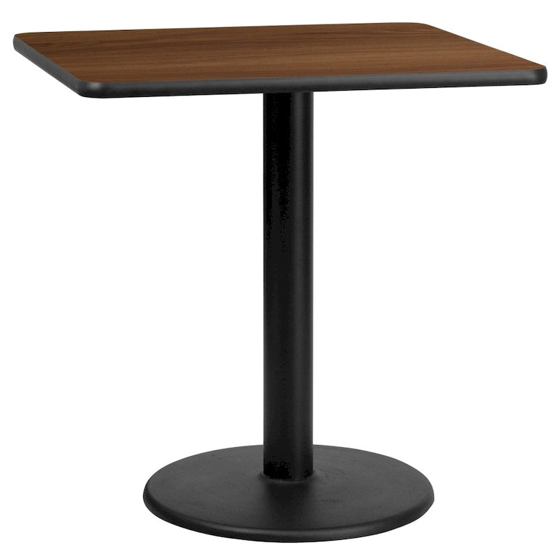 Table de salle à manger carrée avec plateau stratifié et pied central rond, noir