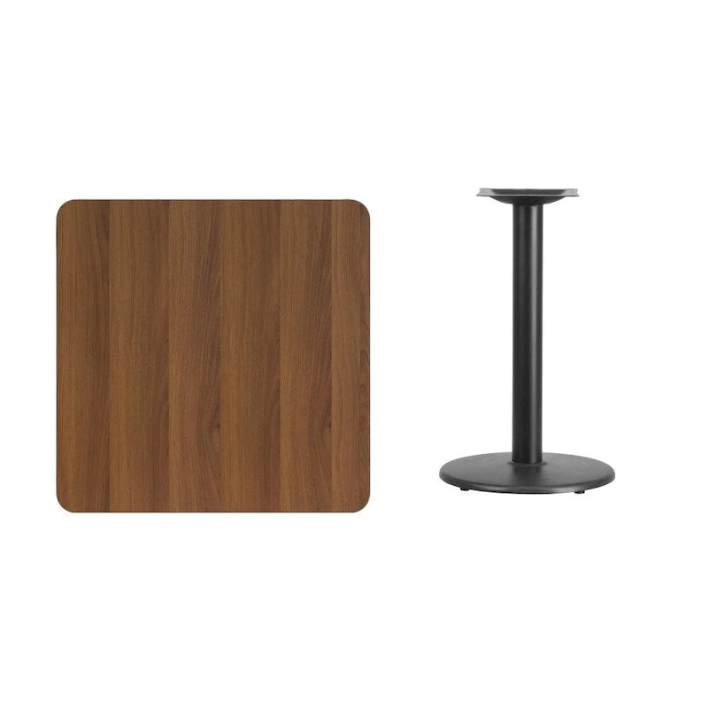 Table de salle à manger carrée avec plateau stratifié et pied central rond, noir