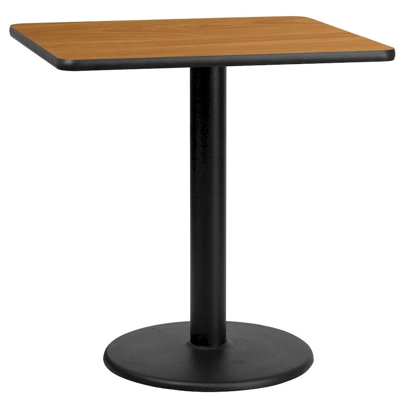 Table de salle à manger carrée avec plateau stratifié et pied central rond, noir