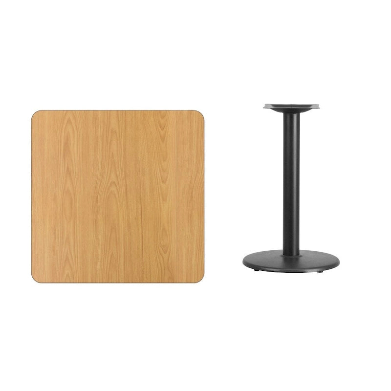 Table de salle à manger carrée avec plateau stratifié et pied central rond, noir