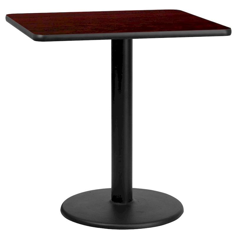 Table de salle à manger carrée avec plateau stratifié et pied central rond, noir