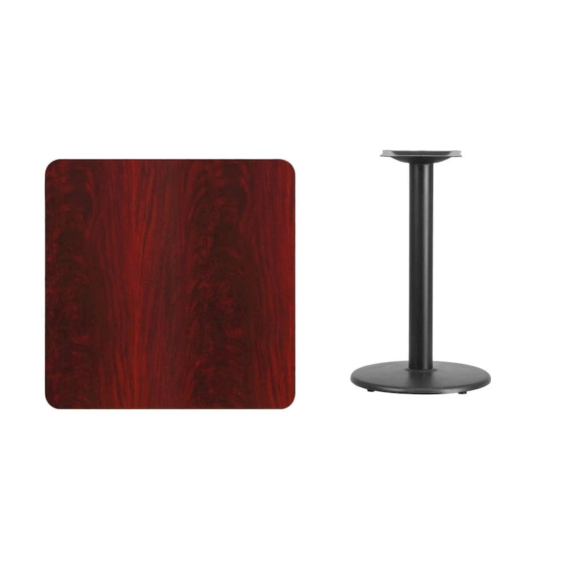 Table de salle à manger carrée avec plateau stratifié et pied central rond, noir