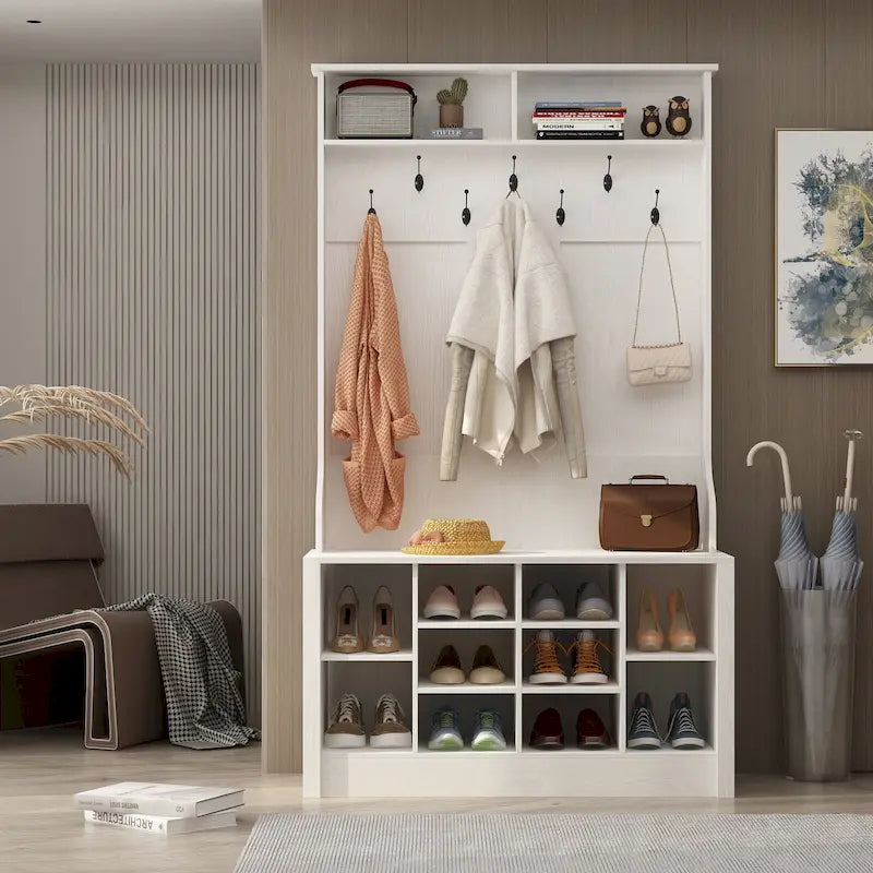 Meuble d'entrée avec patères, banc de rangement à chaussures en bois blanc