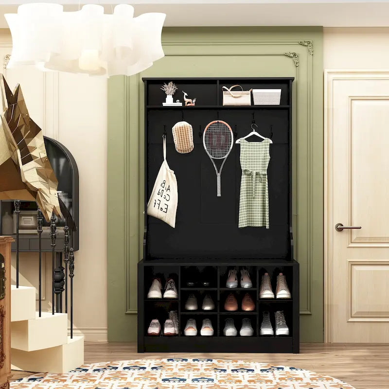 Meuble d'entrée avec patères, banc de rangement à chaussures en bois blanc