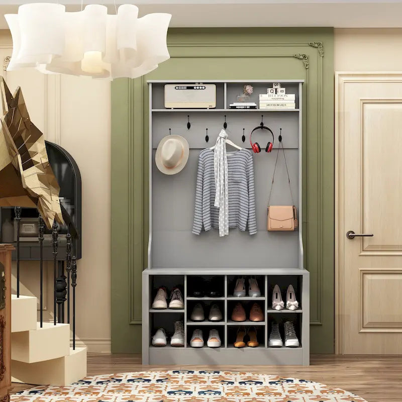 Meuble d'entrée avec patères, banc de rangement à chaussures en bois blanc