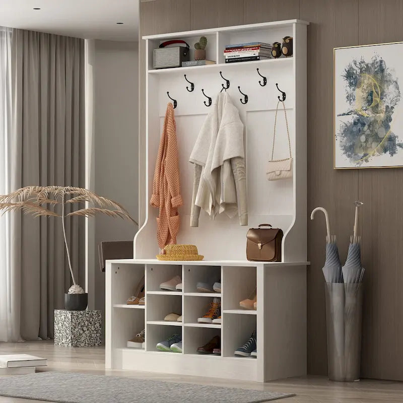 Meuble d'entrée avec patères, banc de rangement à chaussures en bois blanc